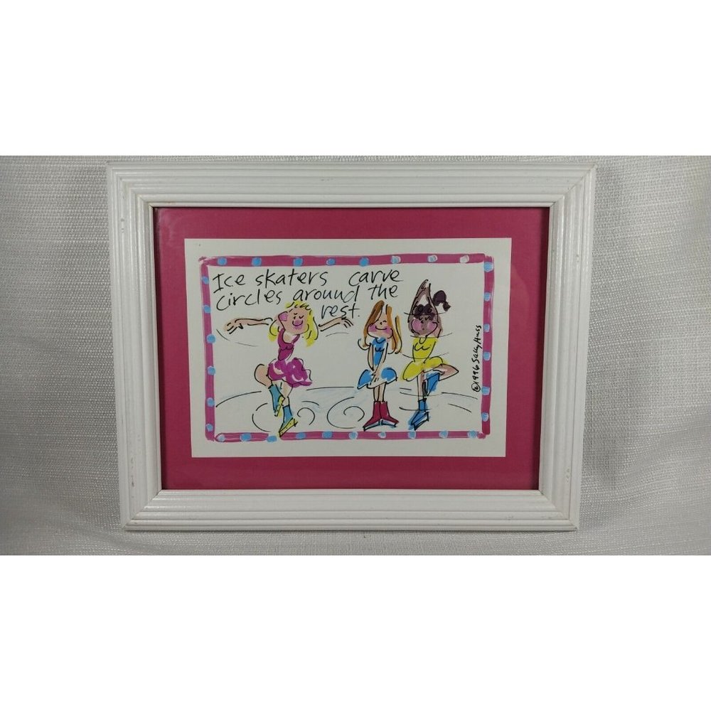 RARE VTG 1996 Sally Huss Ice Skaters Carve Circles Around the rest Signed Framed